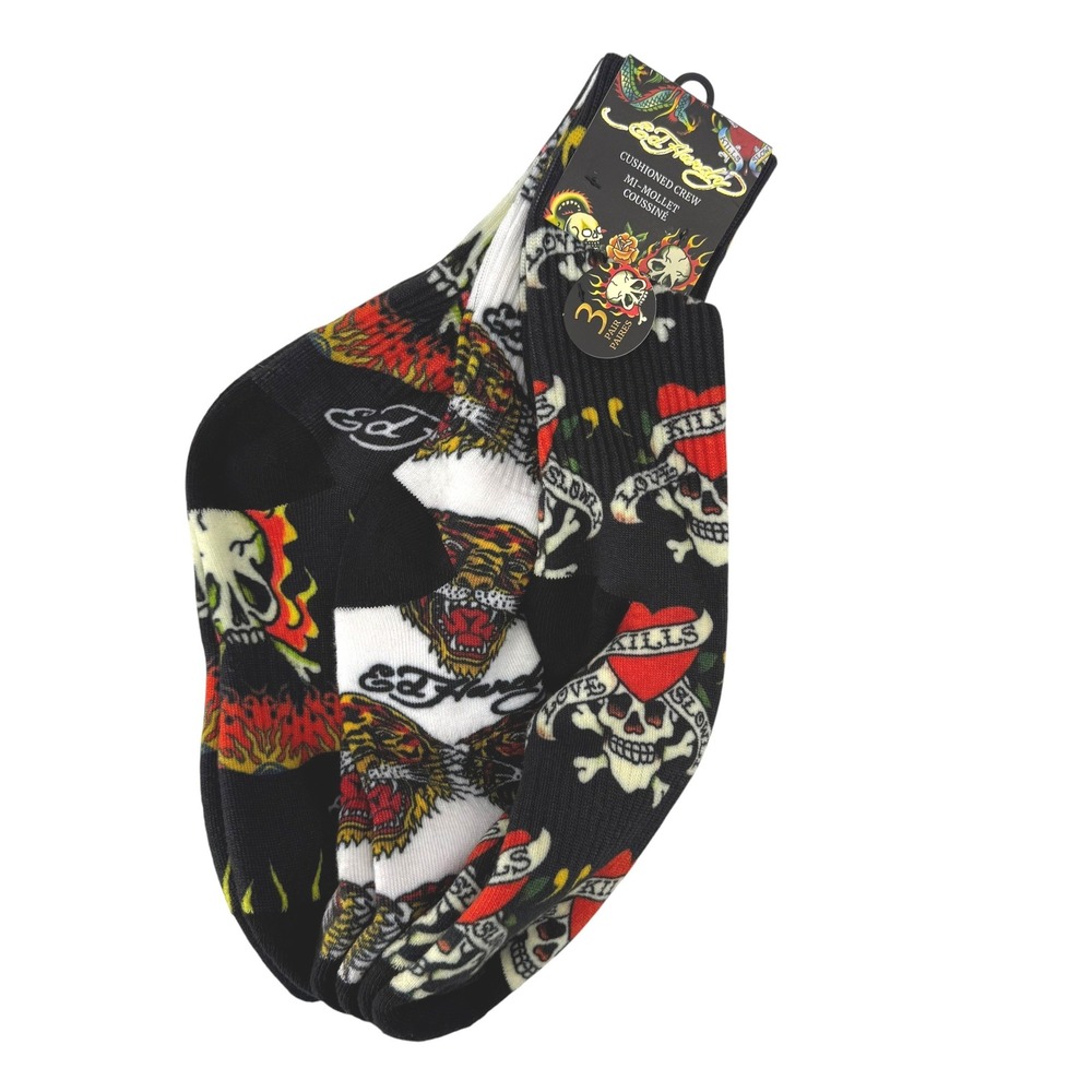 Ed Hardy 3 Pack Cushioned Crew Socks Tattoo Graphic Tiger Skull Black White NEW